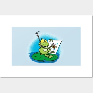 Cute funny green frog cartoon illustration Posters and Art